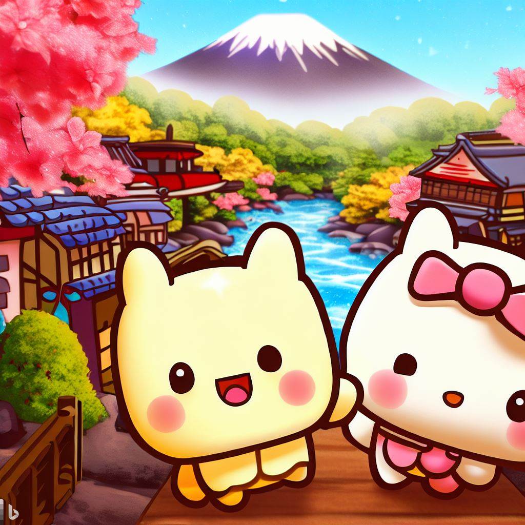 Cute Kawaii Characters stand in front of a scene from Japan including Mount Fuji